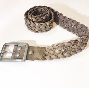 Buckle Braided Woven Brown Leather Studded Belt